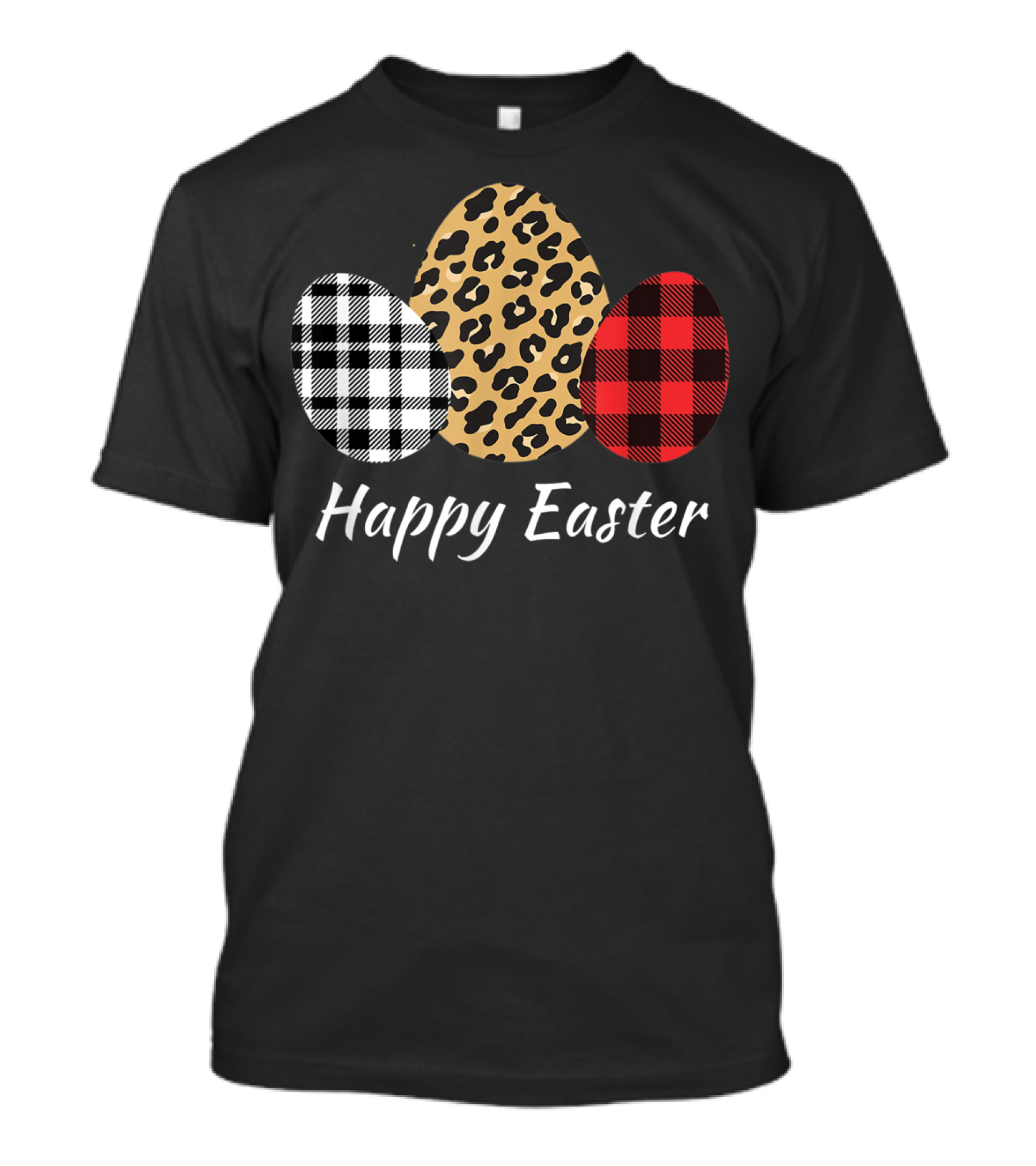 Happy Easter Eggs Buffalo Plaid Red Leopard T-Shirt
