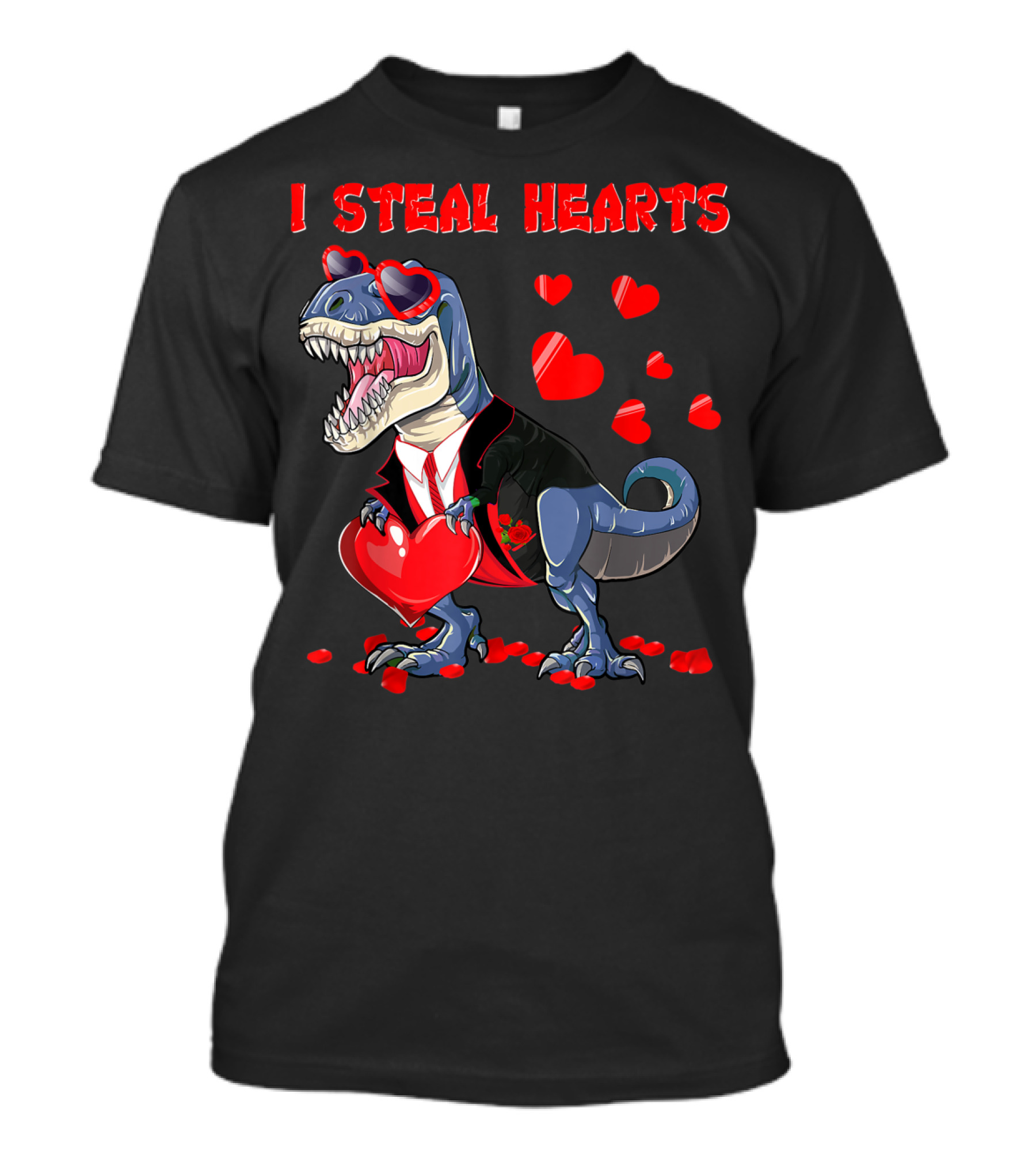 I Steal Hearts Valentines Day Dinosaur In Tuxedo With Hearts T-Shirt