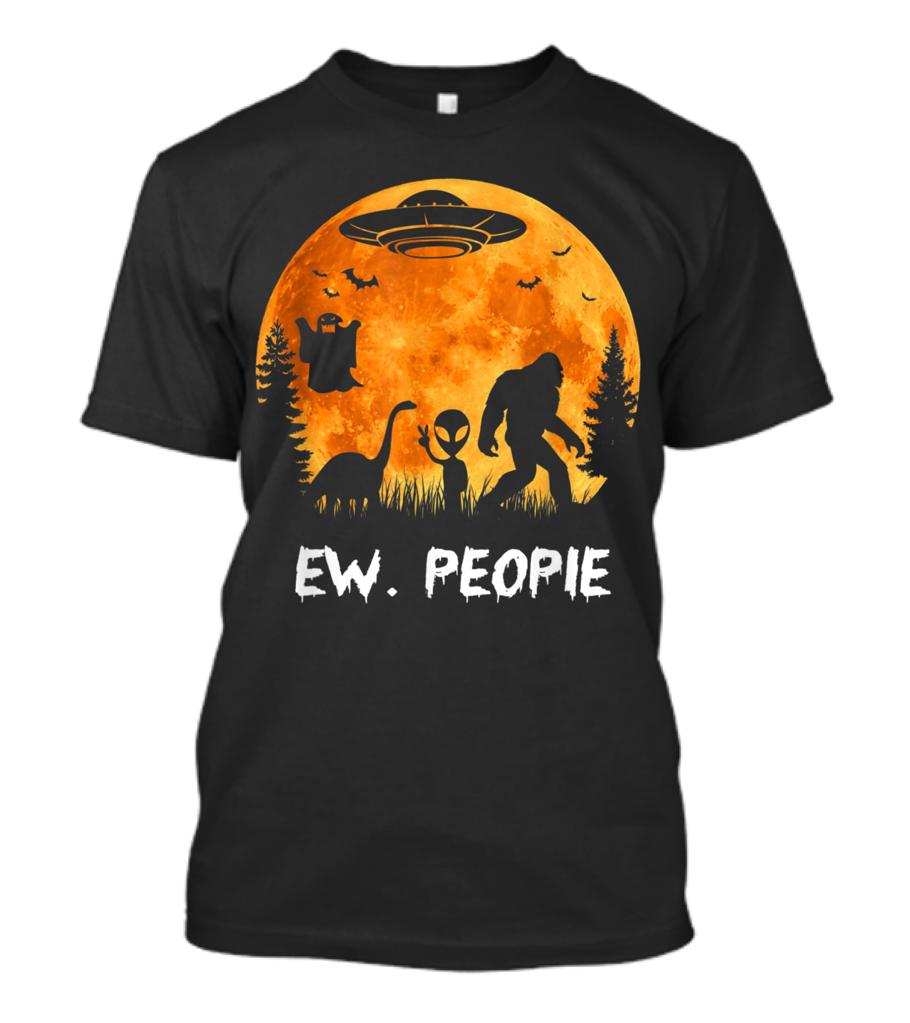 Ew People Halloween Bigfoot Dinosaur Alien UFO Ghost Moon T-Shirt