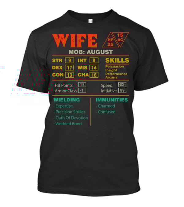Wife Stats Character Sheet MOB August Skills Hit Points Armor Class Wielding Immunities T-Shirt