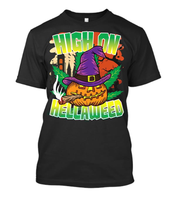 High On Hellaweed Pumpkin Smoking Weed THC Halloween Stoner T-Shirt