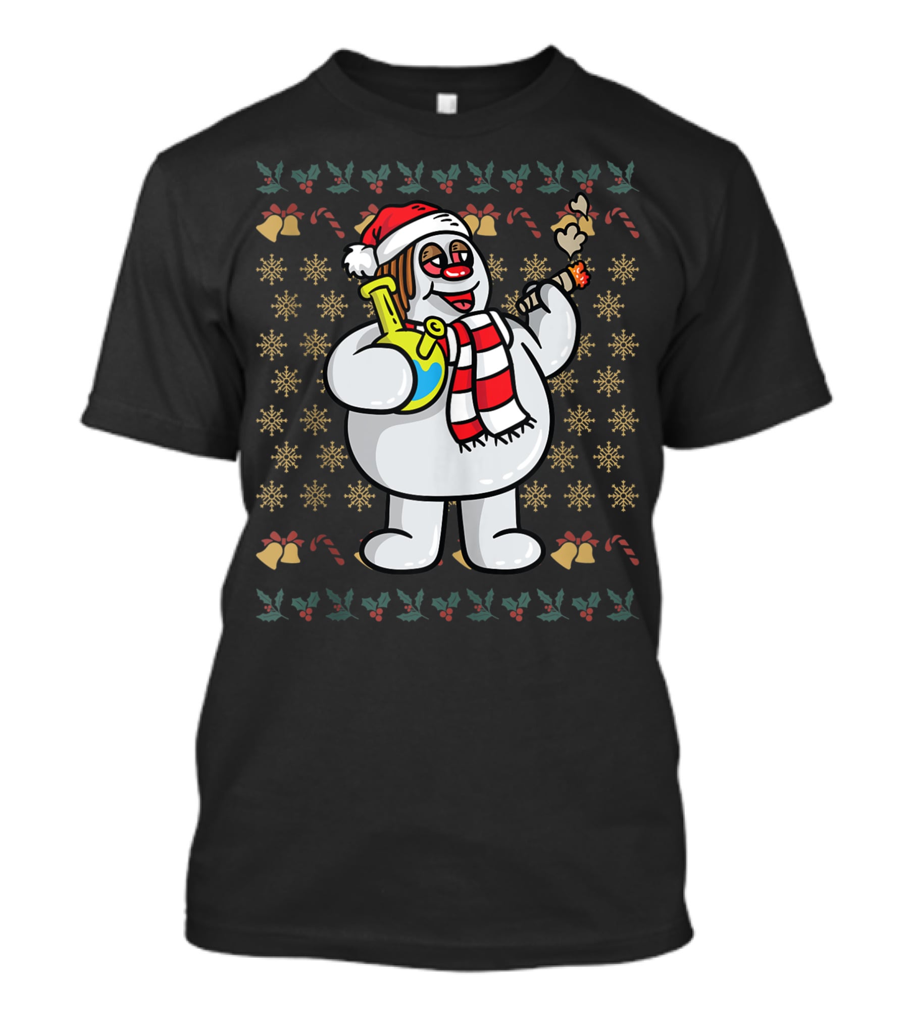 Rasta Snowman Christmas Cannabis Weed Smoking Santa Hat Scarf T-Shirt