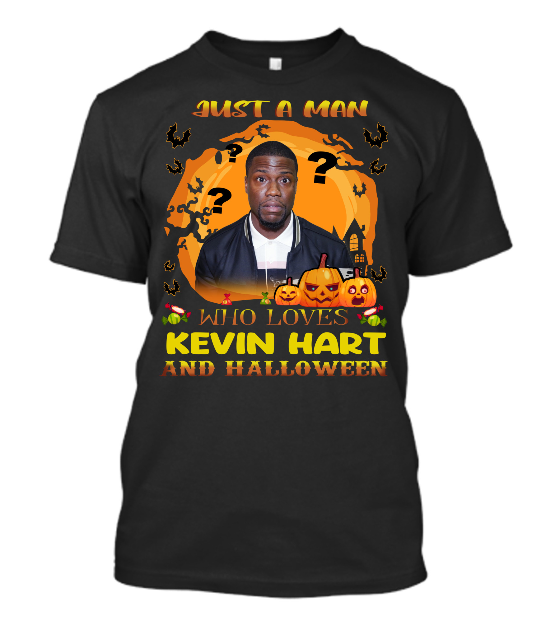 Just A Man Who Loves Kevin Hart And Halloween With Pumpkins And Bats T-Shirt