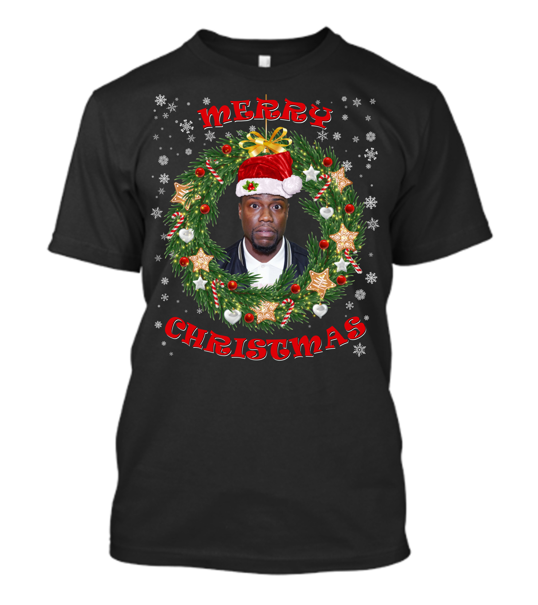 Merry Christmas Kevin Hart Santa Hat Christmas Wreath T-Shirt