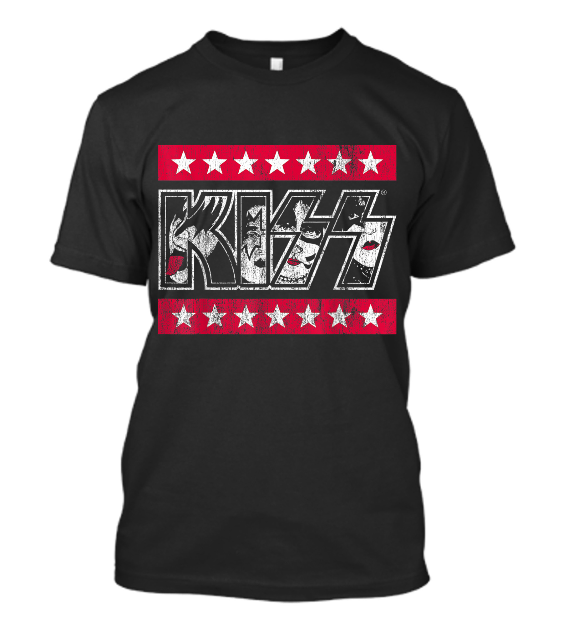 KISS Rock N Roll Stars Faces With Red And White Stars T-Shirt