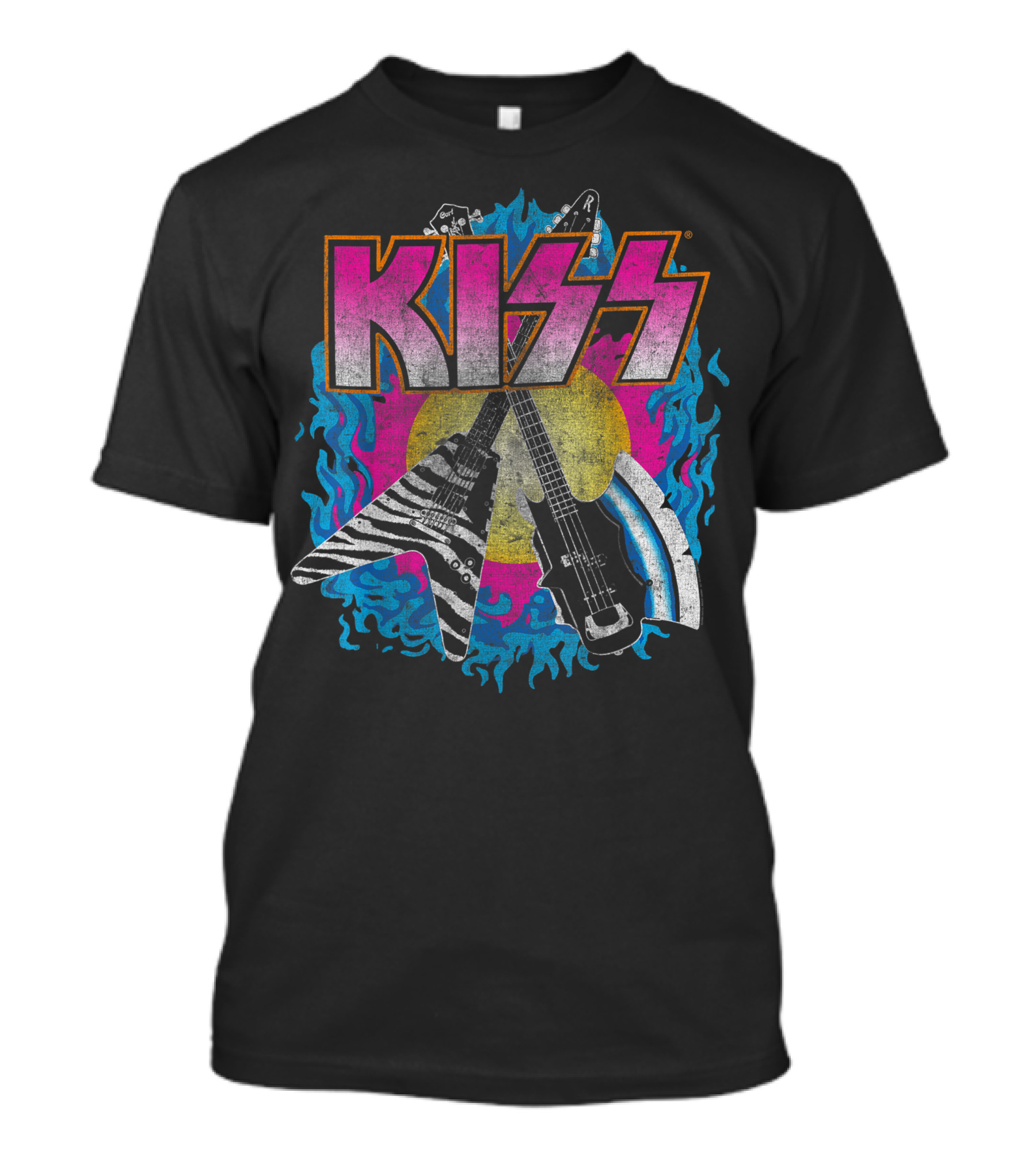 KISS Young Wasted Zebra Stripe Flying V And Bass With Flaming Background T-Shirt