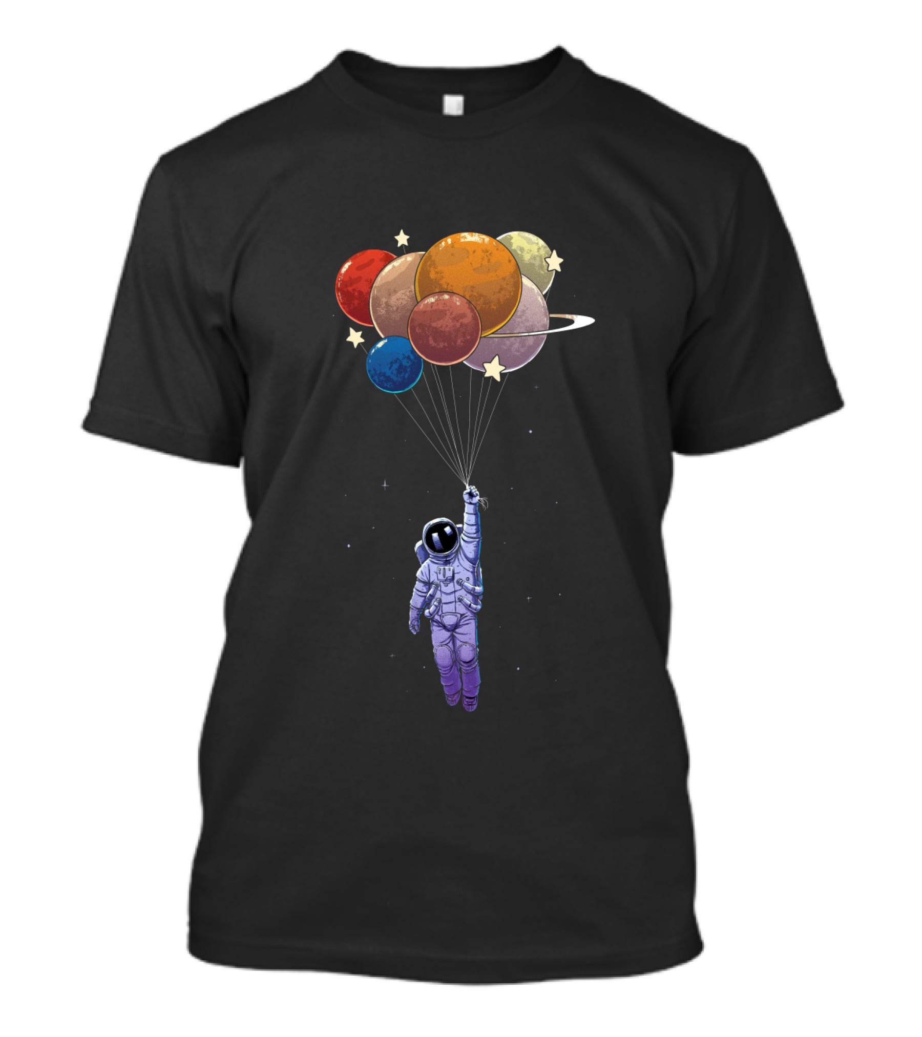 Amstrong Astronaut With Planet Balloons Floating In Space T-Shirt