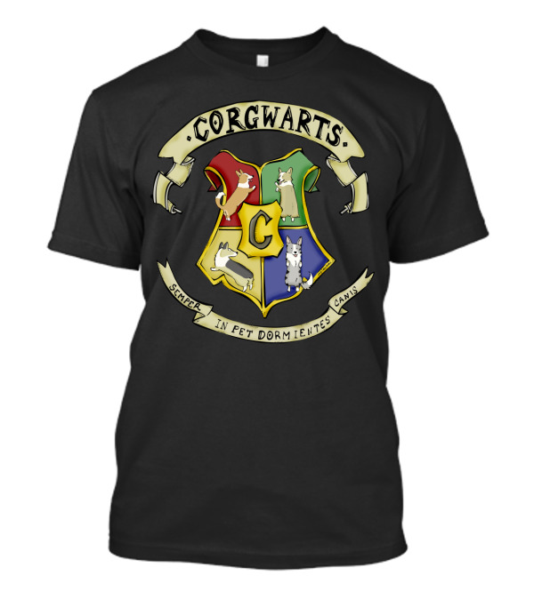 Corgwarts Crest Semper In Pet Dormientes Canis With Four Corgis And Letter C T-Shirt