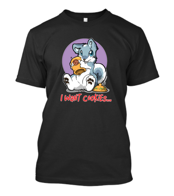 Cute Wolf Pup With Cookie Jar Craving 'I Want Cookies' In Playful T-Shirt