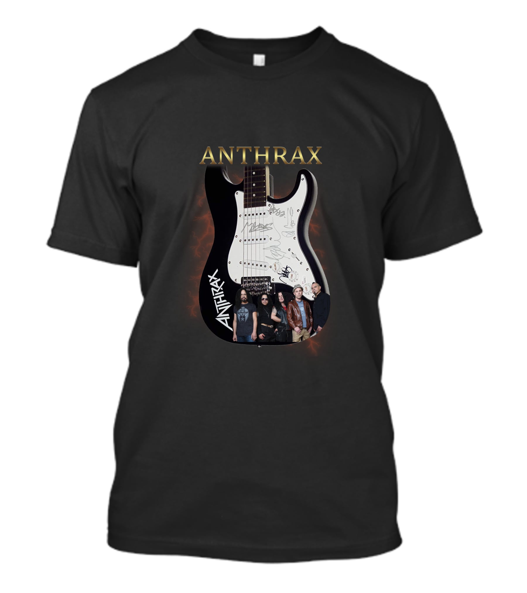 ANTHRAX Band Members Signatures On Electric Guitar T-Shirt