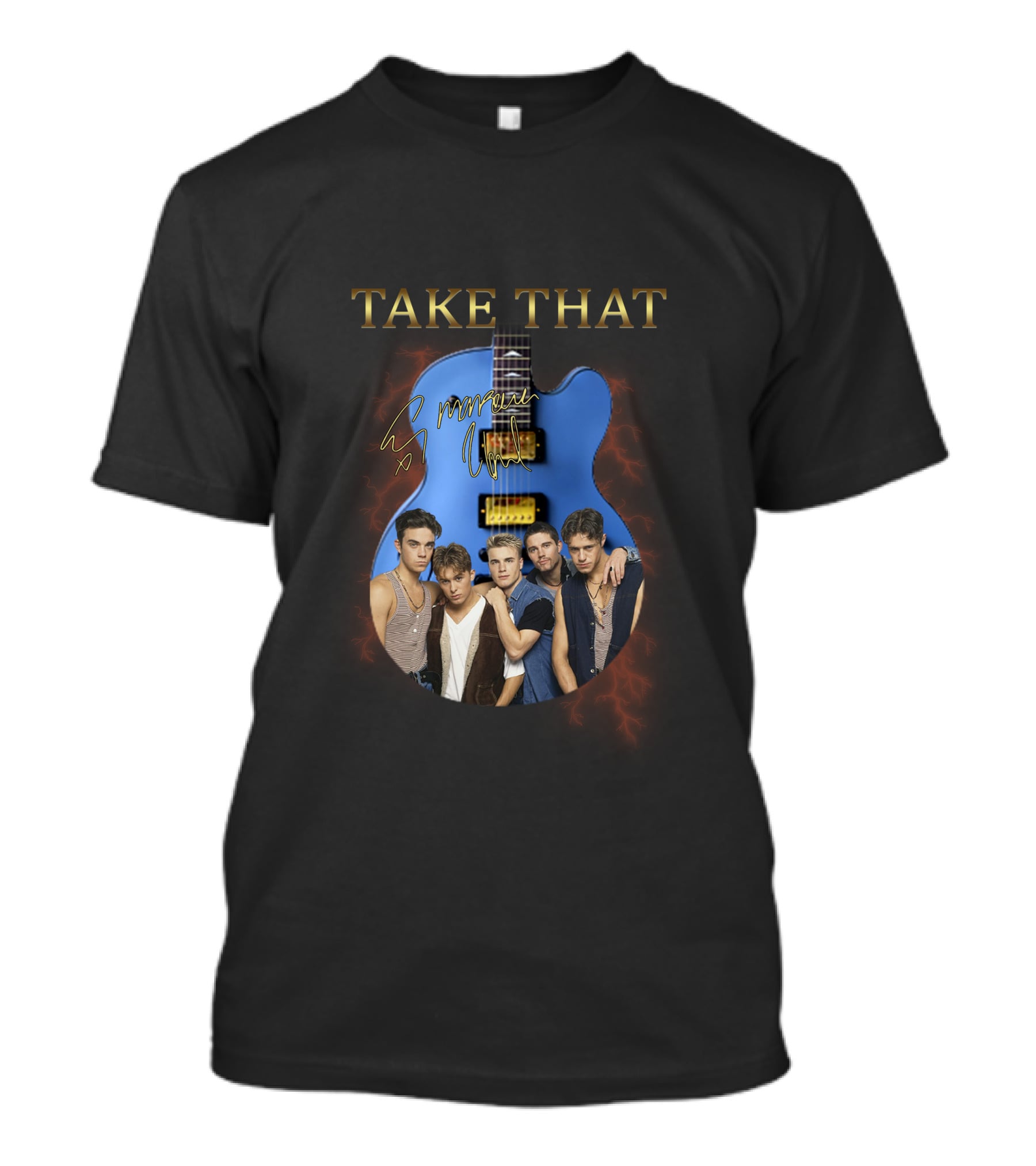 Take That Group Photo With Blue Guitar And Signatures T-Shirt