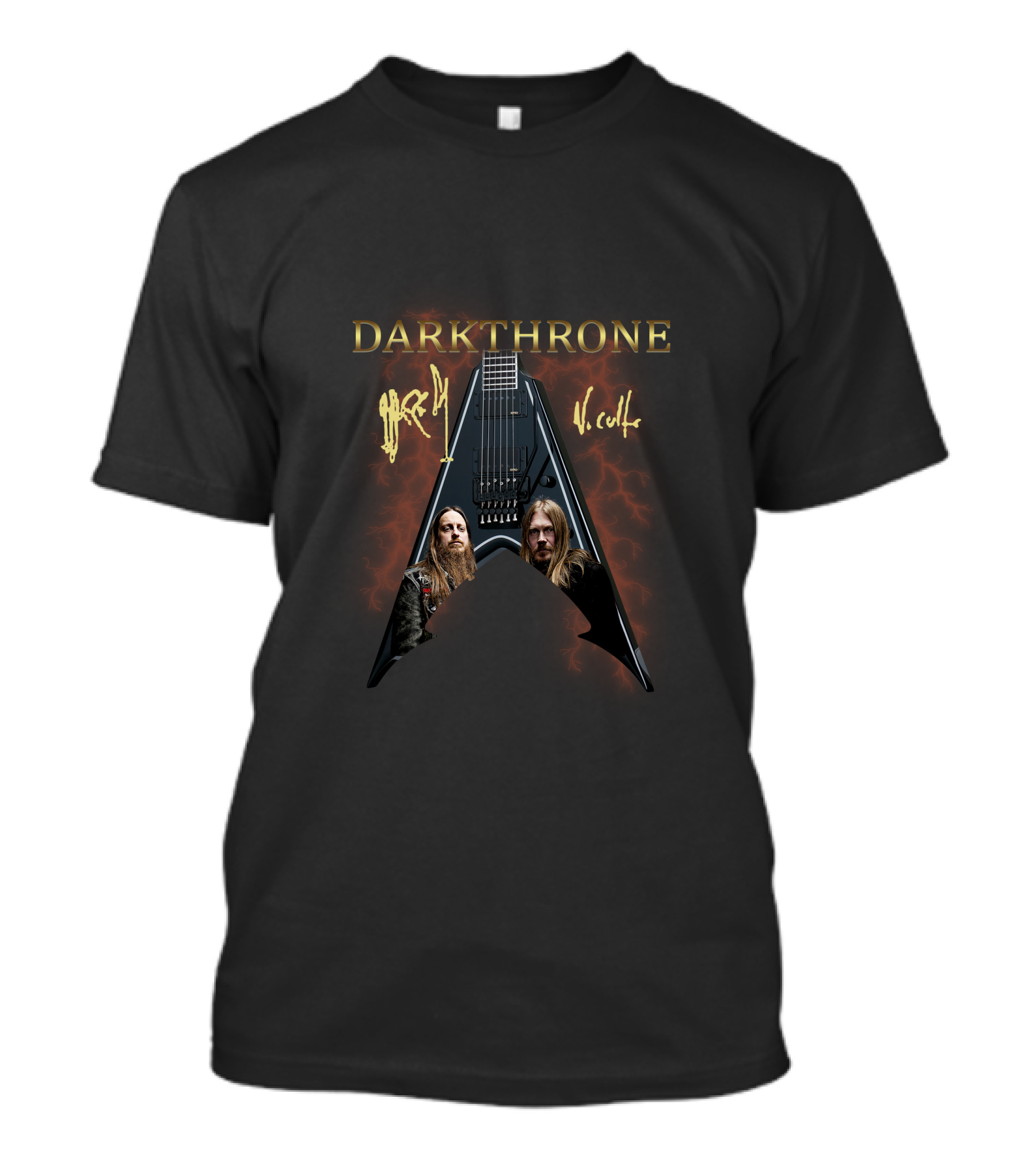 Darkthrone Signature Guitar With Band Members And Lightning Background T-Shirt