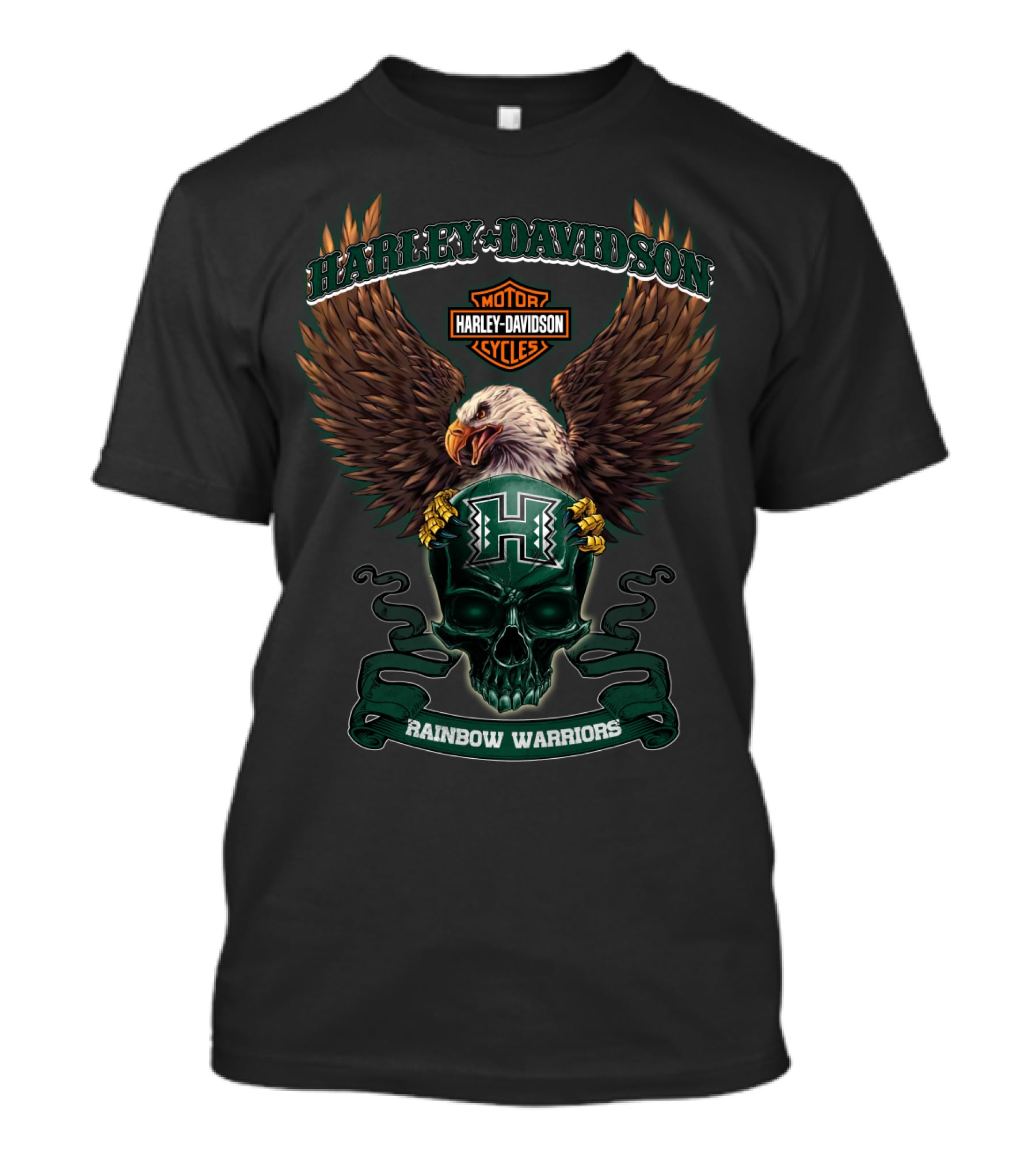 Harley Davidson Motor Cycles Hawaii Rainbow Warriors H Eagle Skull T-Shirt