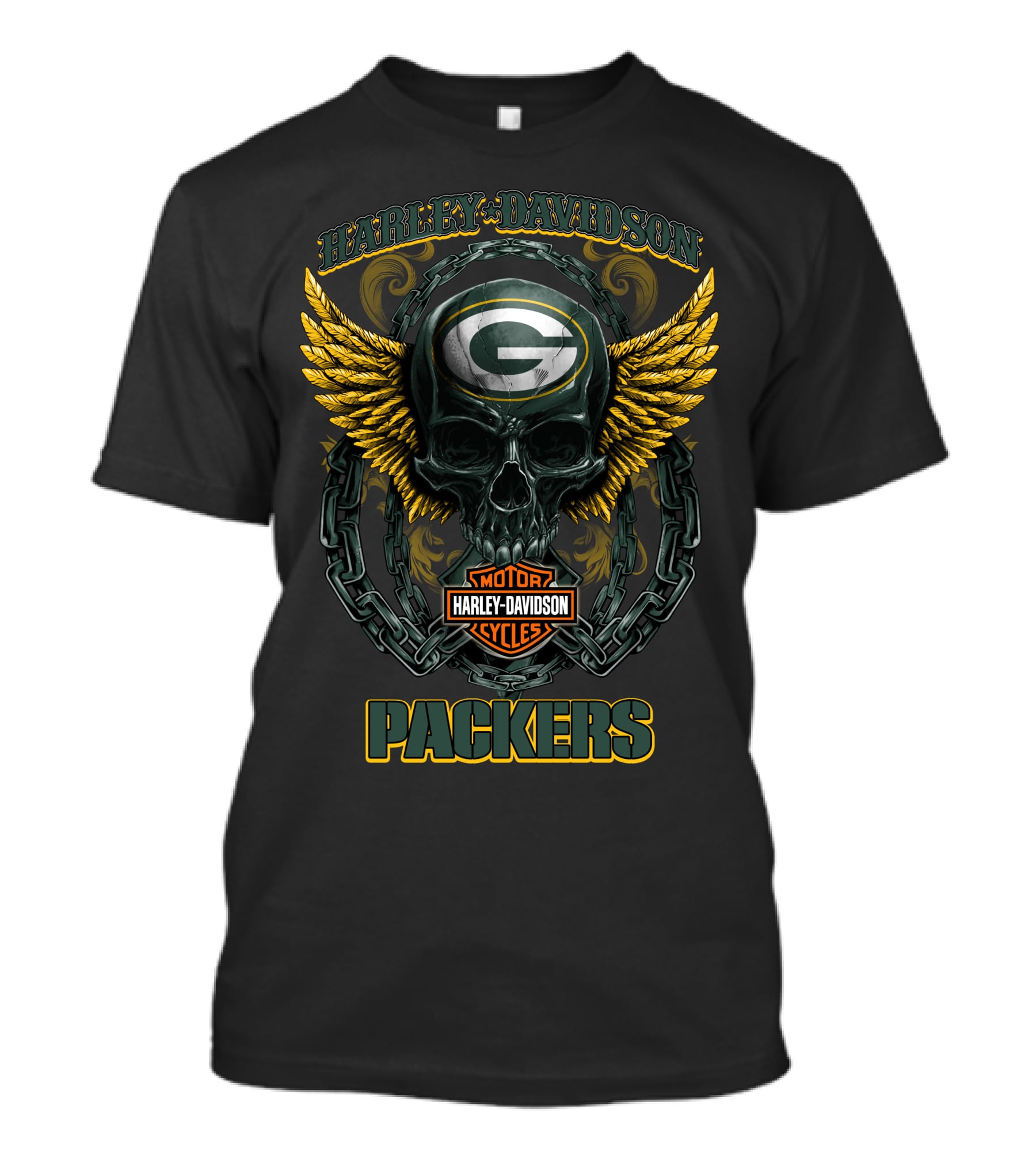 Harley Davidson Motorcycles Green Bay Packers Skull And Wings T-Shirt
