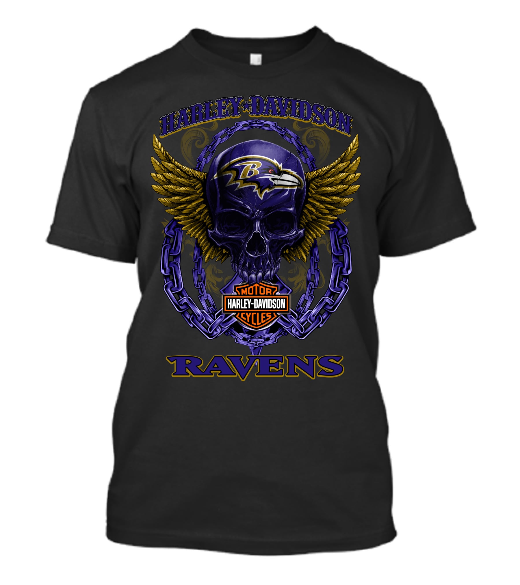 Harley Davidson Baltimore Ravens Skull Wing Motor Cycles T-Shirt