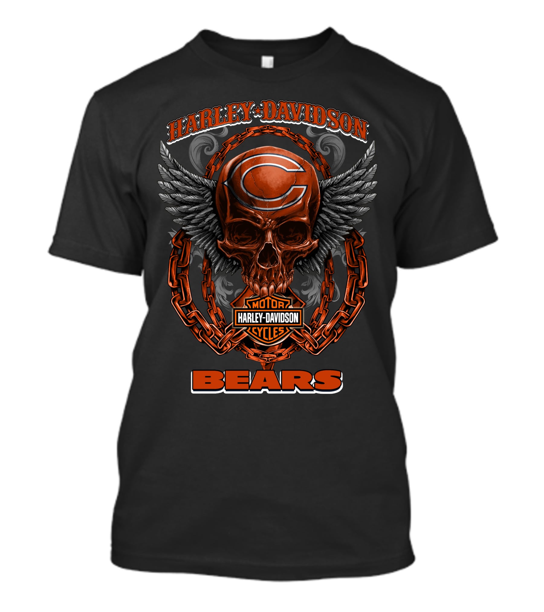 Harley Davidson Chicago Bears Skull With Chains And Wings T-Shirt