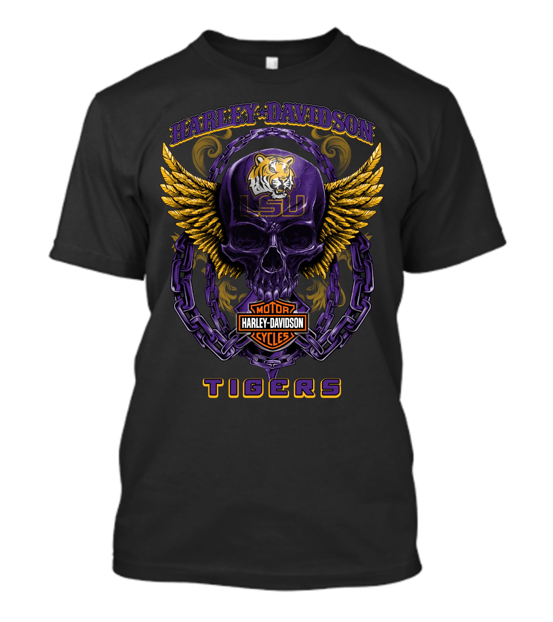 Harley Davidson Lsu Tigers Skull Logo With Wings And Chains T-Shirt