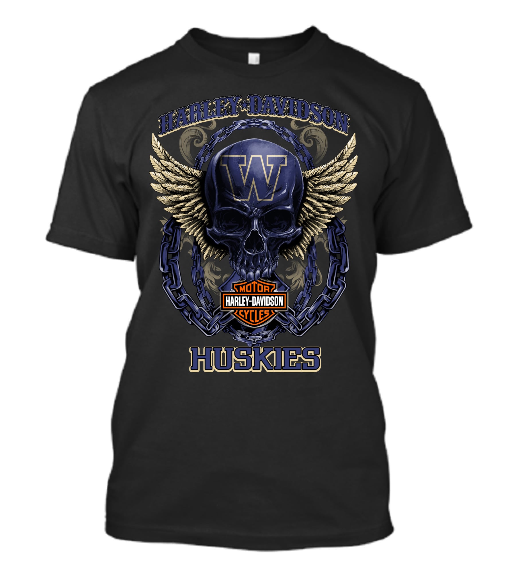Harley Davidson Motor Cycles Washington Huskies Skull Wings Chain T-Shirt