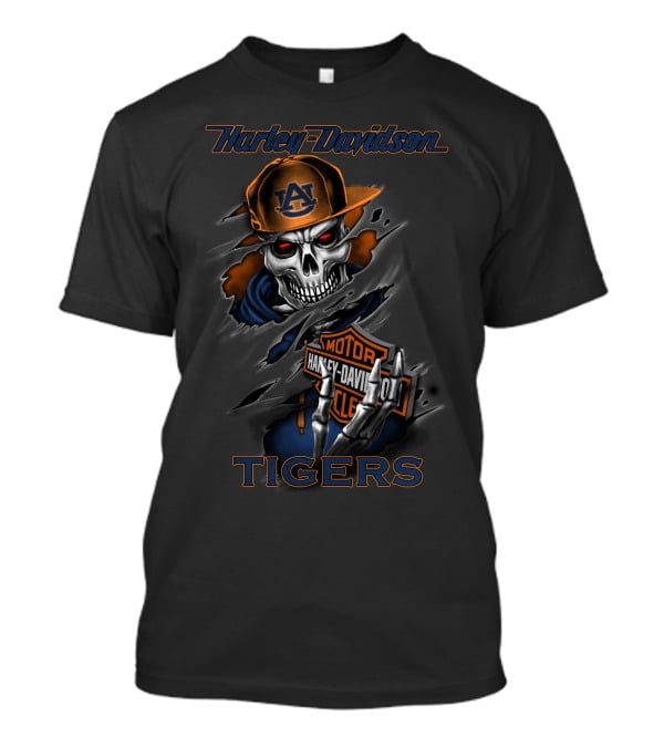 Harley Davidson Auburn Tigers Skull With Cap And Motorcycle T-Shirt