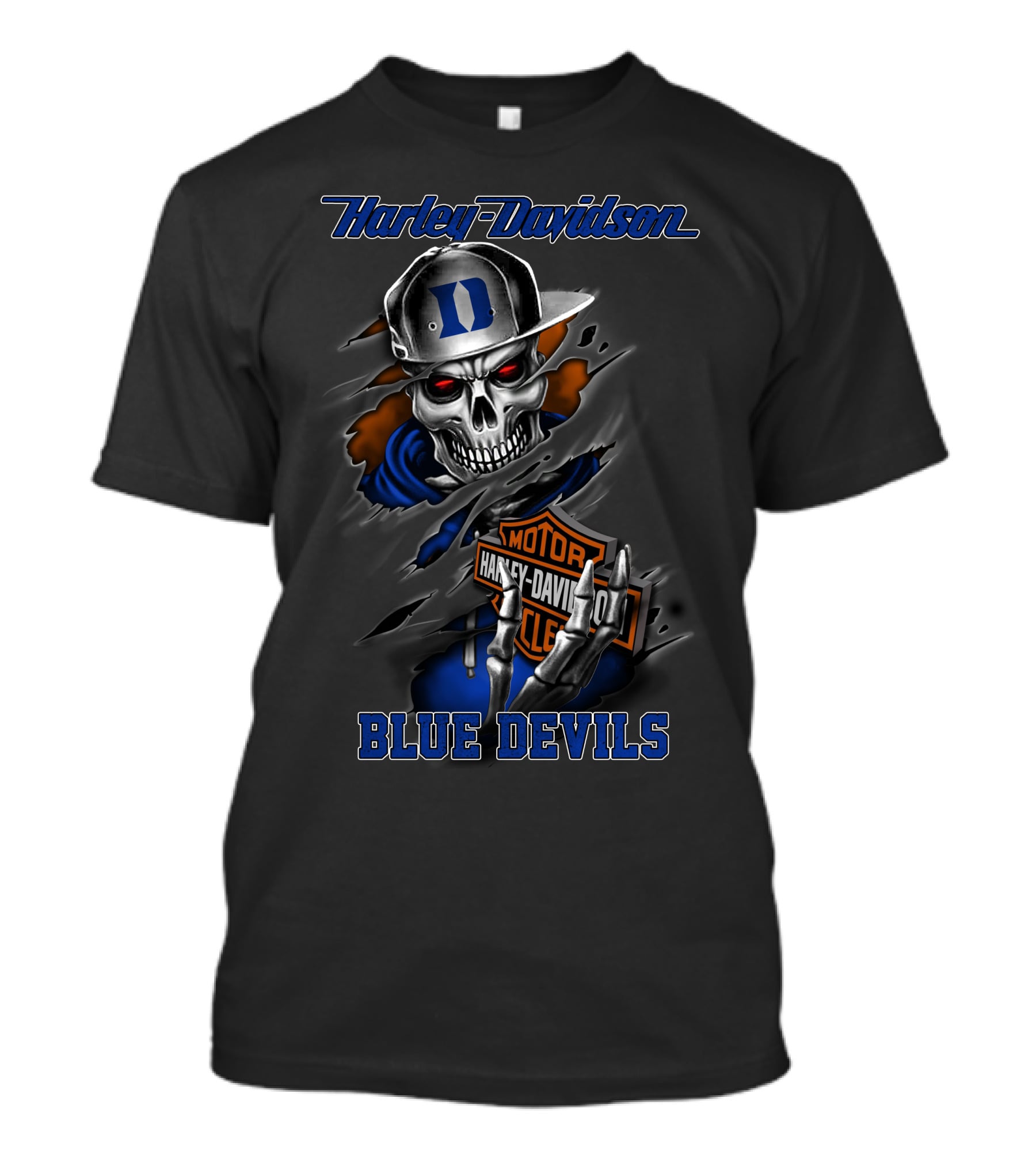 Harley Davidson Blue Devils Skull With Duke Logo And Motorcycle Motif T-Shirt