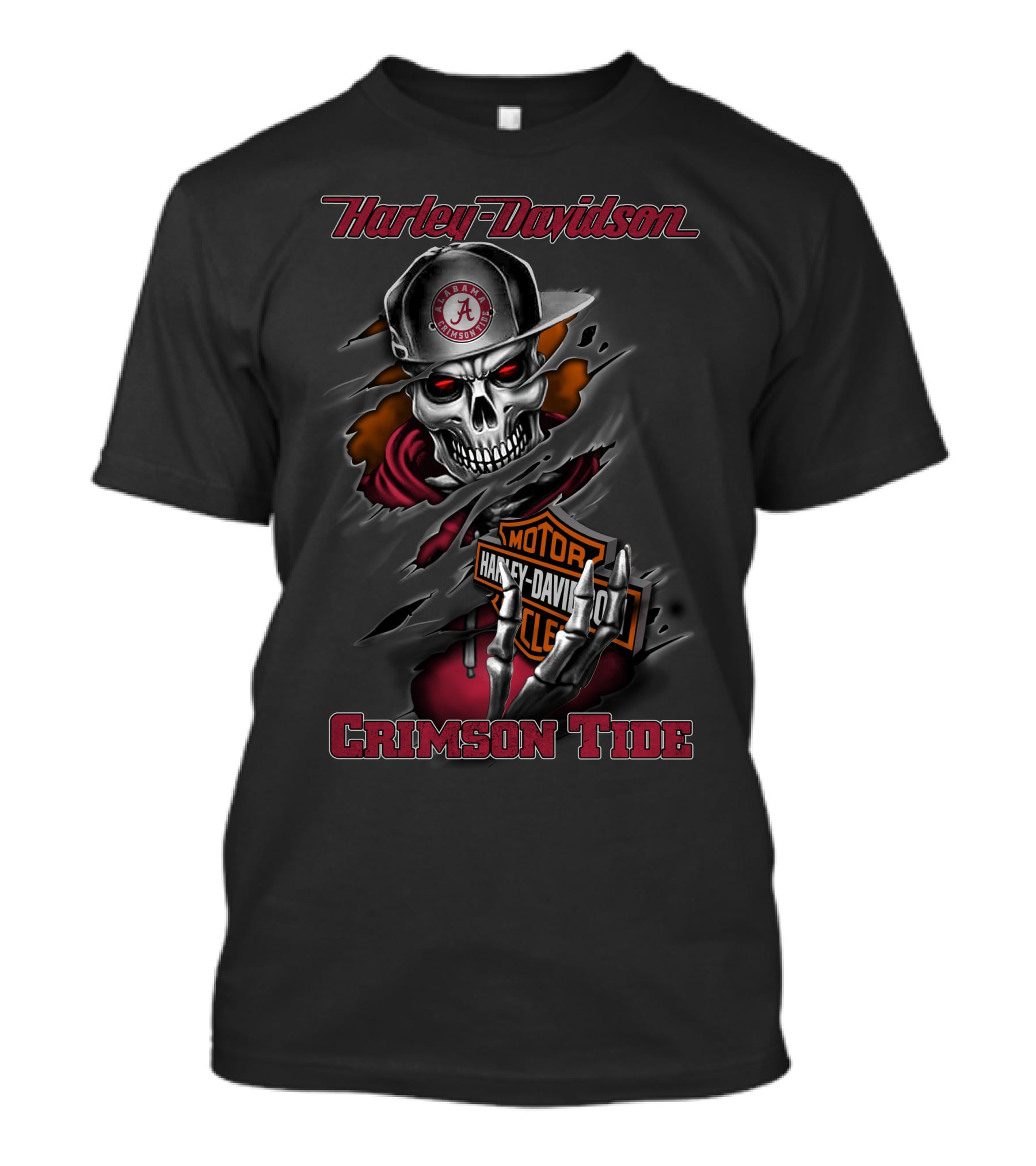 Harley Davidson Alabama Crimson Tide Skulled Rider With Cap And Hoodie T-Shirt