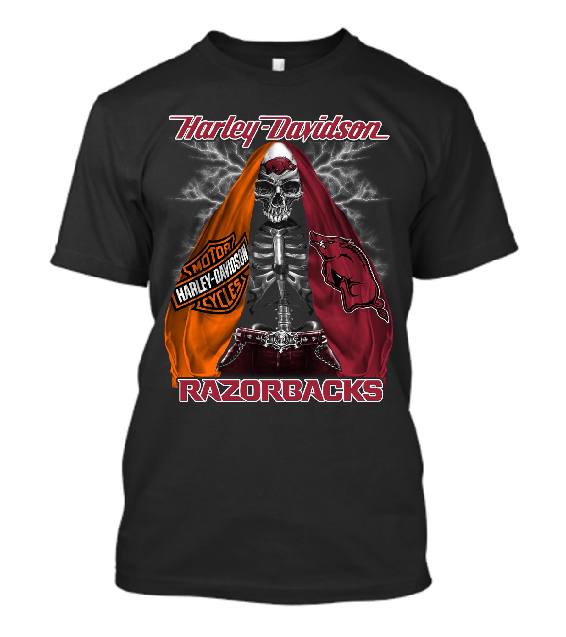 Harley Davidson Razorbacks Motorcycle Skeleton Lightning T-Shirt