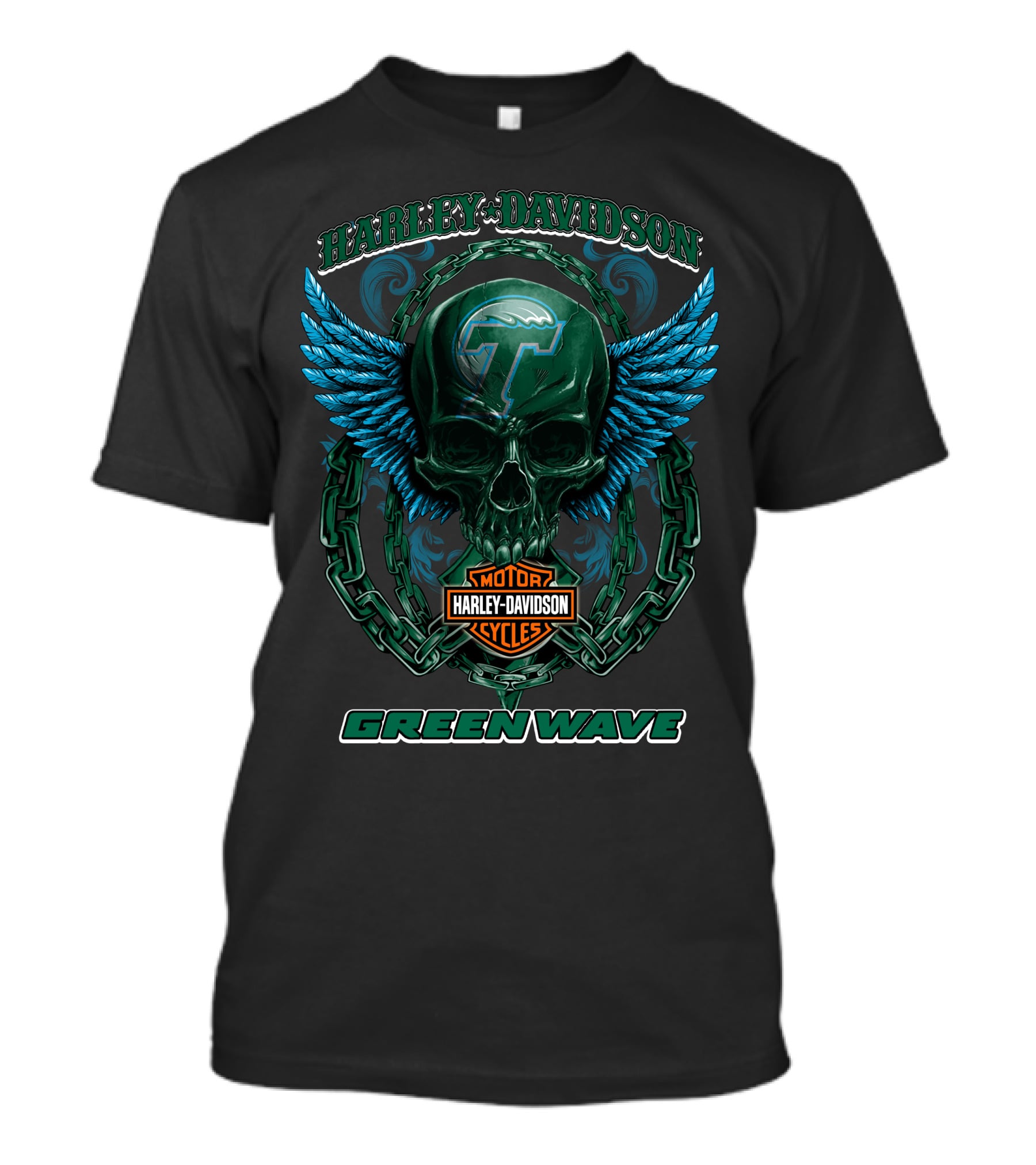 Harley Davidson Motorcycles Tulane Green Wave Skull Wings T-Shirt