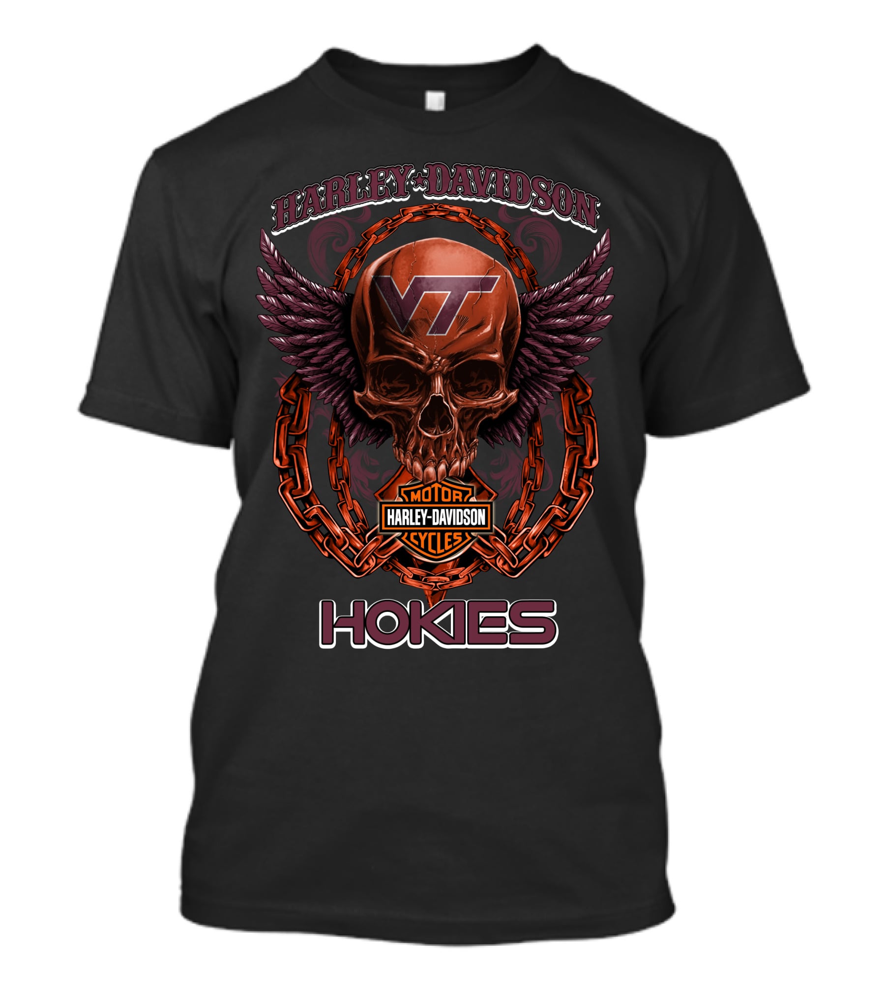 Harley Davidson Vt Motorcycles Hokies Skull Chain Wings T-Shirt