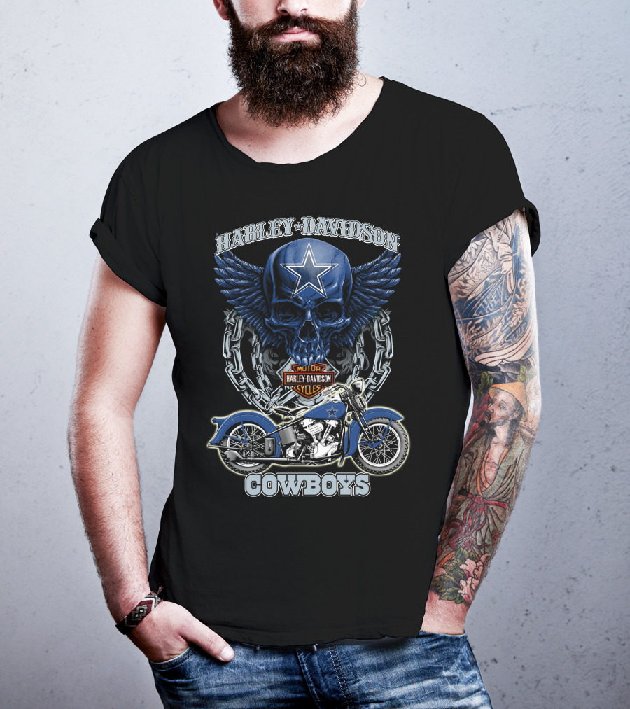 Harley Davidson Cowboys Nfl Dallas Cowboys Motorcycle Skull T-Shirt