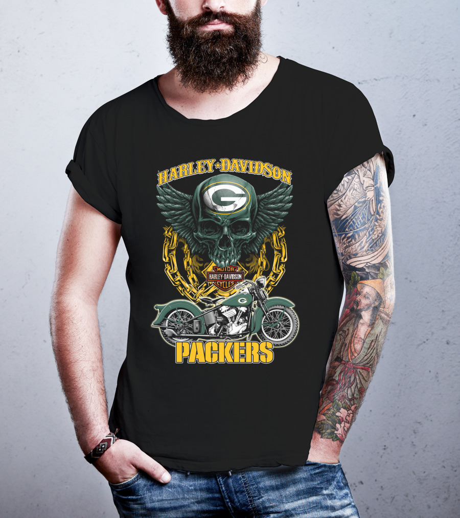 Harley Davidson Green Bay Packers Motorcycle Skull Nfl Packers T-Shirt