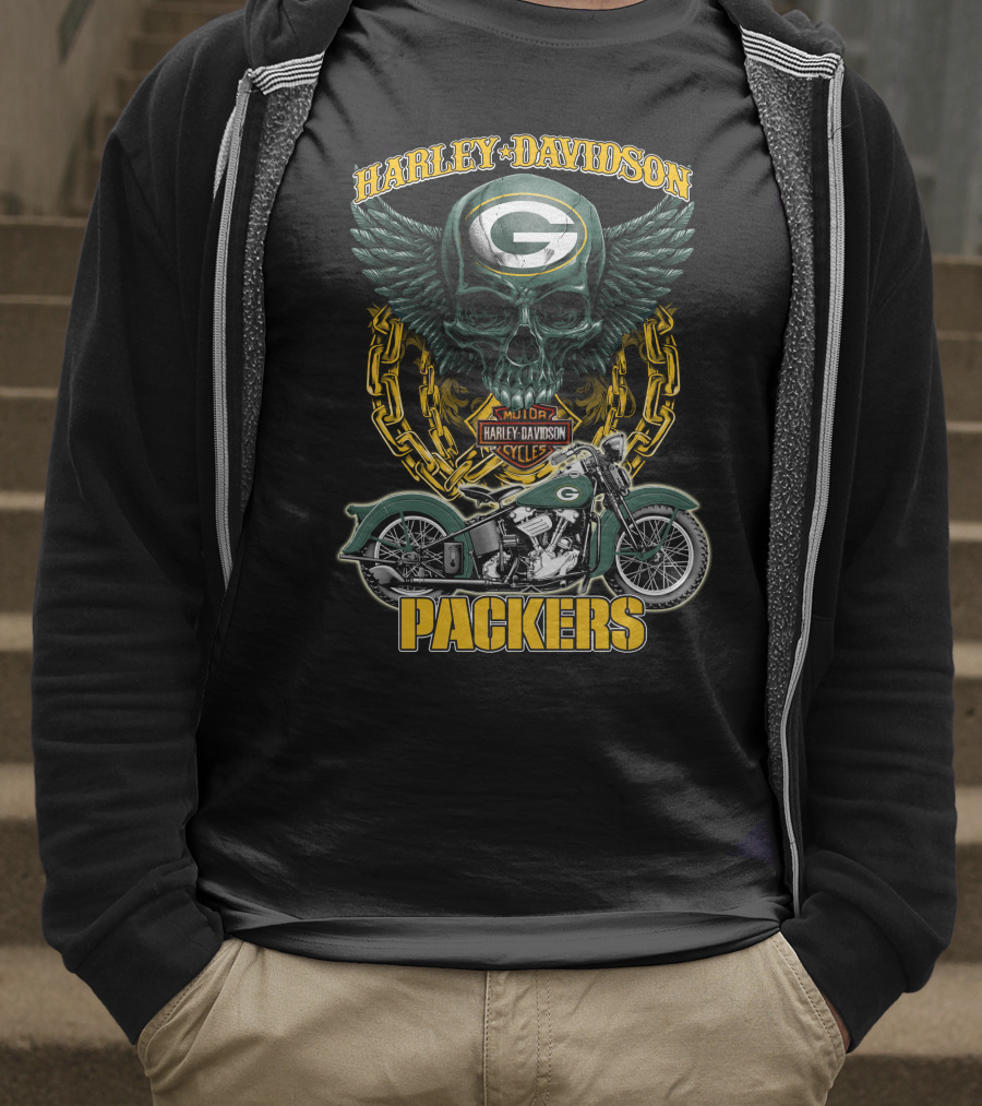 Harley Davidson Green Bay Packers Motorcycle Skull Nfl Packers T-Shirt