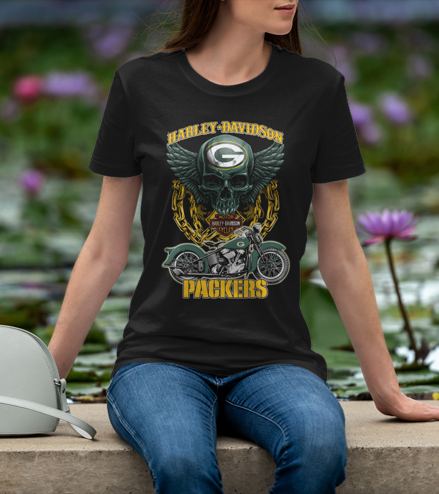 Harley Davidson Green Bay Packers Motorcycle Skull Nfl Packers T-Shirt