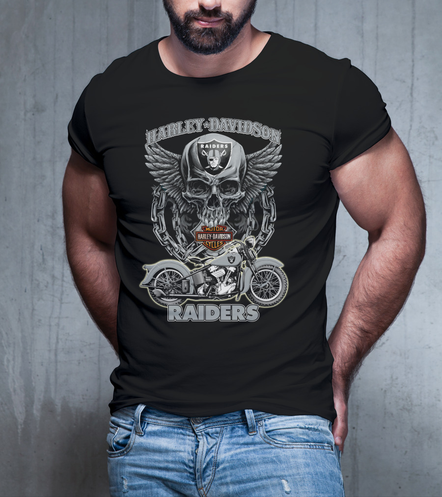 Harley Davidson Raiders Skull And Motorcycle Nfl Las Vegas Raiders T-Shirt