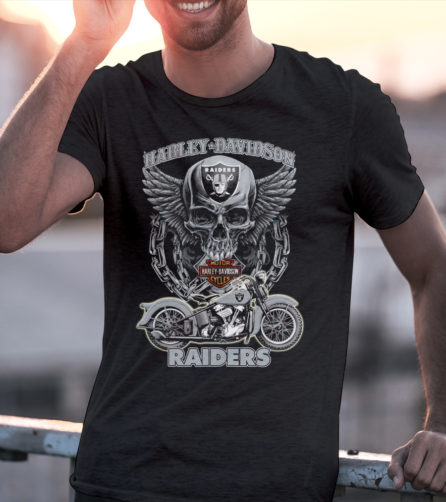 Harley Davidson Raiders Skull And Motorcycle Nfl Las Vegas Raiders T-Shirt