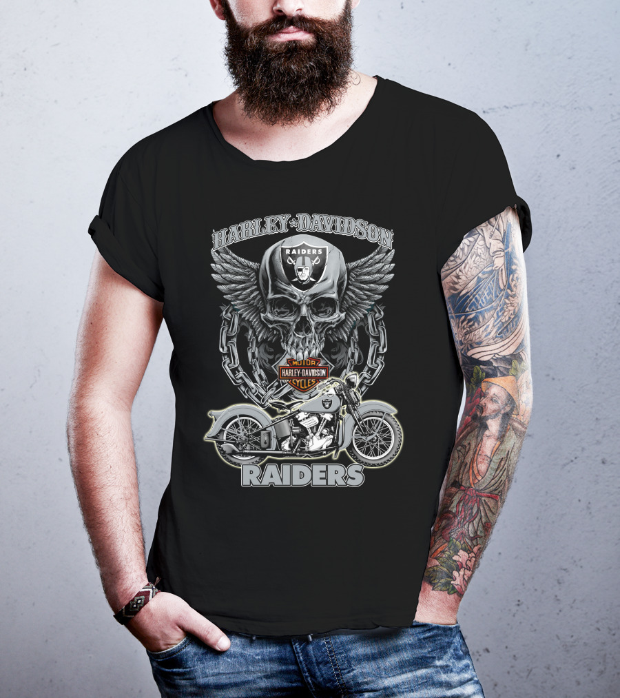 Harley Davidson Raiders Skull And Motorcycle Nfl Las Vegas Raiders T-Shirt