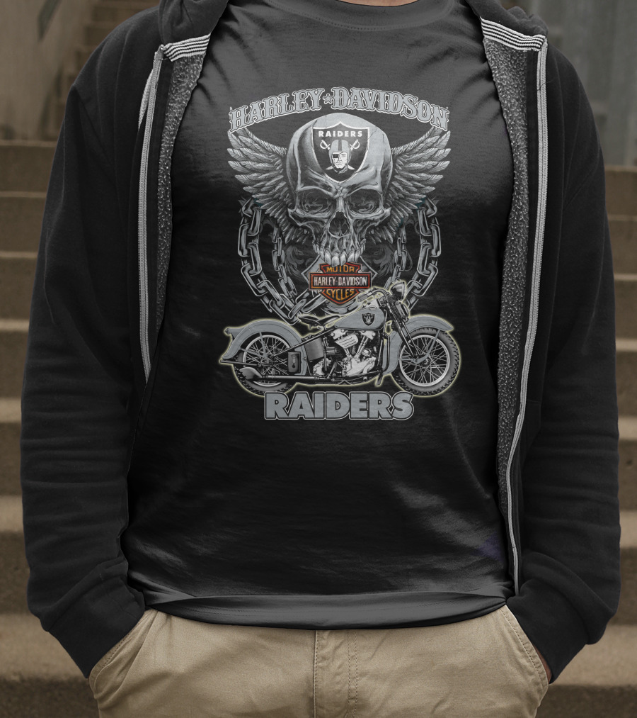Harley Davidson Raiders Skull And Motorcycle Nfl Las Vegas Raiders T-Shirt