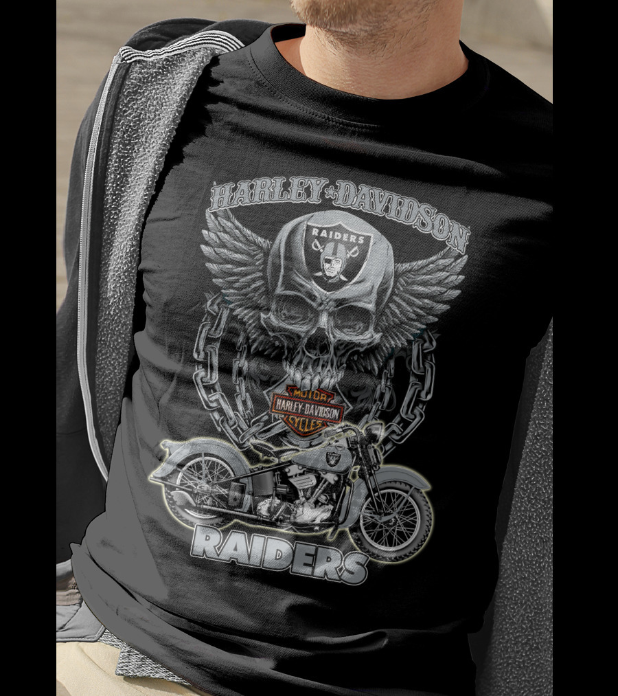 Harley Davidson Raiders Skull And Motorcycle Nfl Las Vegas Raiders T-Shirt