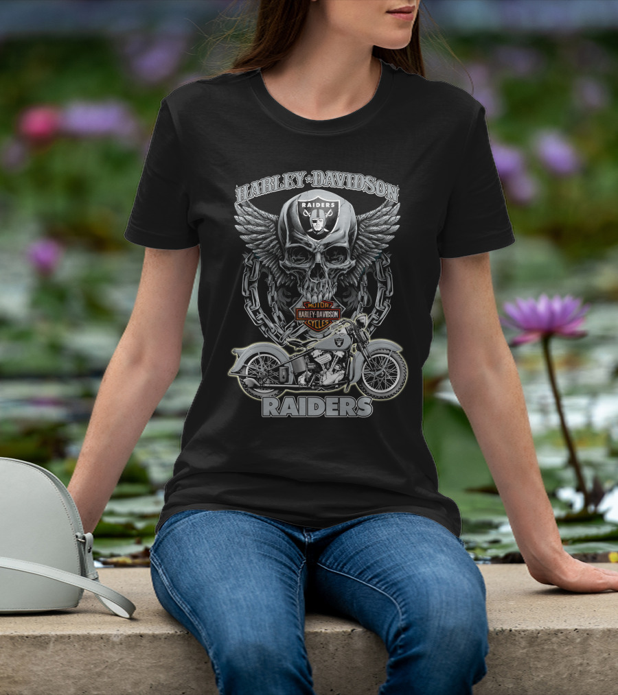 Harley Davidson Raiders Skull And Motorcycle Nfl Las Vegas Raiders T-Shirt