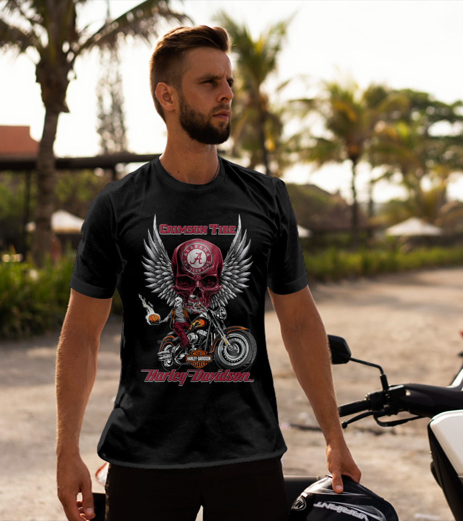 Crimson Tide Alabama Harley Davidson Motorcycles Ncaa Skull Wings T-Shirt