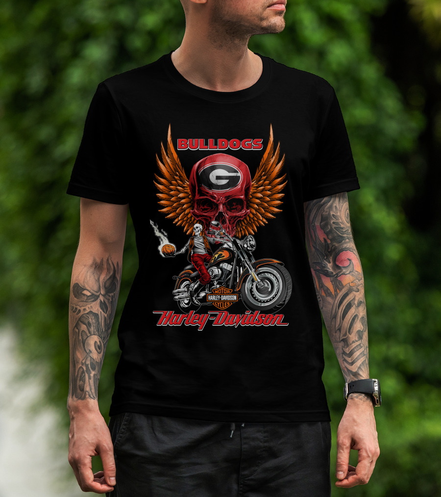 Bulldogs Harley Davidson Georgia Motorcycle Skull Wings T-Shirt