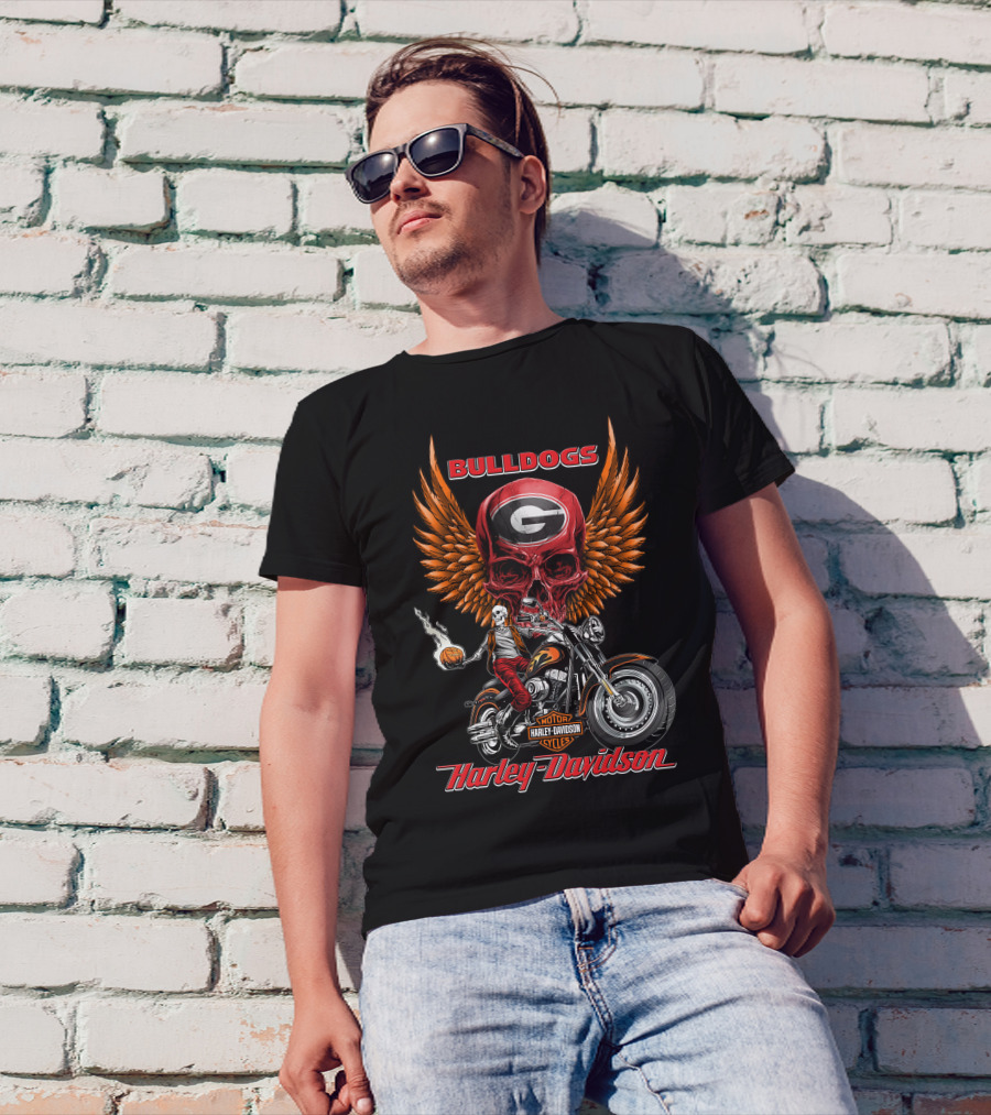 Bulldogs Harley Davidson Georgia Motorcycle Skull Wings T-Shirt