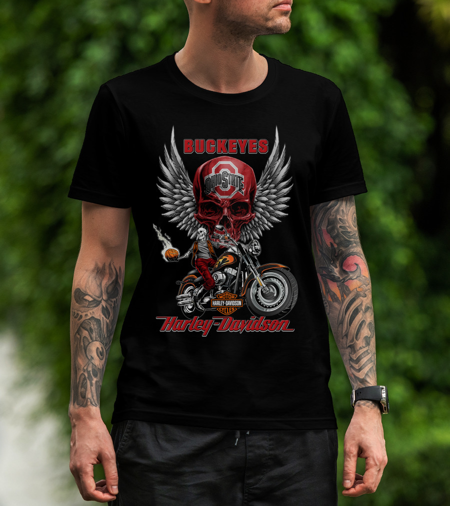 Buckeyes Ohio State Skull Harley Davidson Motor Cycles Wings Basketball T-Shirt