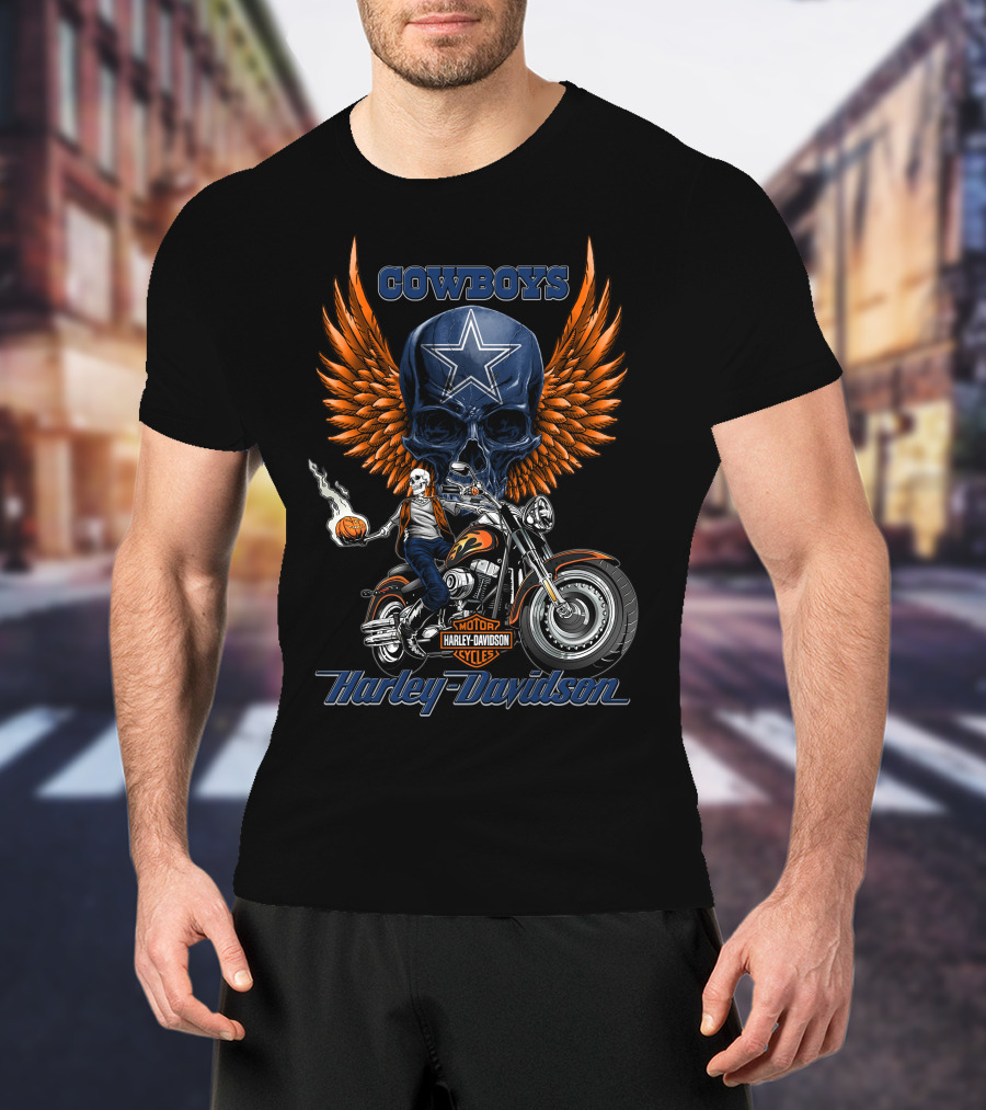 Cowboys Harley Davidson Motor Cycles Skull Star Wings T-Shirt