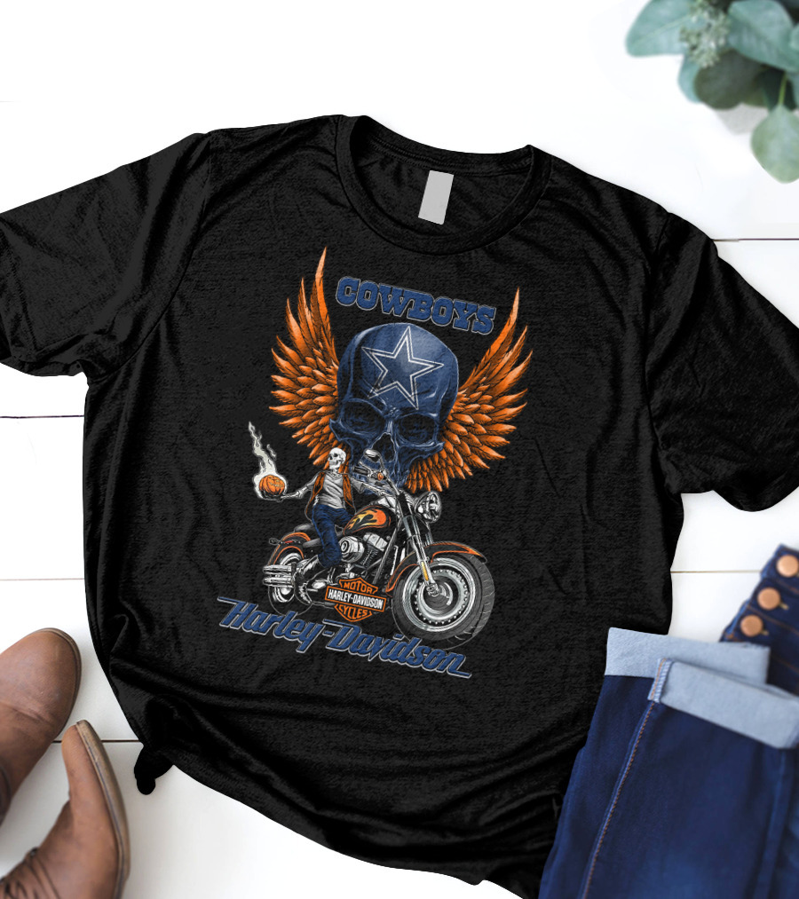 Cowboys Harley Davidson Motor Cycles Skull Star Wings T-Shirt
