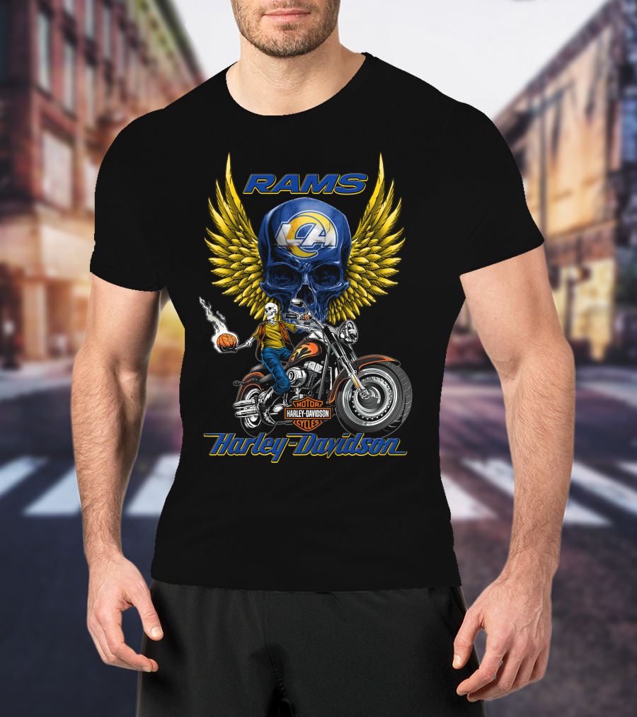 Harley Davidson Rams Skull With Los Angeles Nfl Motorcycle And Flaming Ball T-Shirt