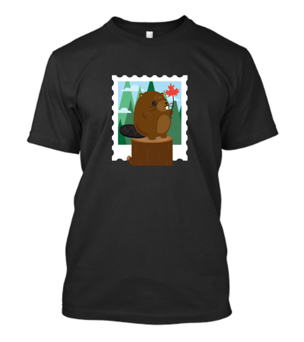 Beaver Holding Maple Leaf Stamp Forest Scene T-Shirt