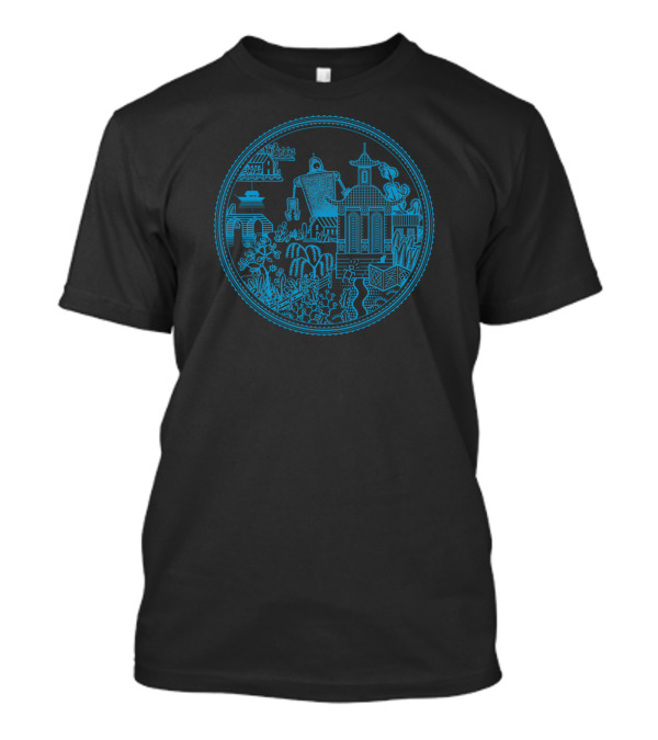 Giant Robot Village Scene With Robot And Pagoda In Blue Outline T-Shirt
