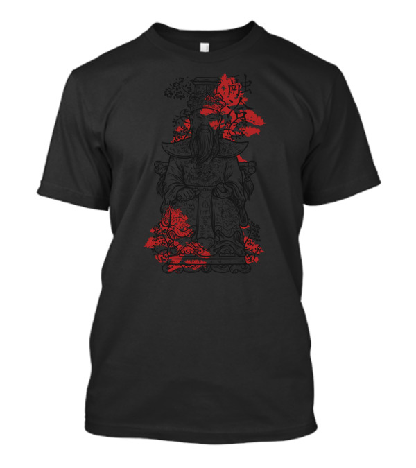 Sitting Statue With Intricate Red Floral And Eastern Script Motif T-Shirt