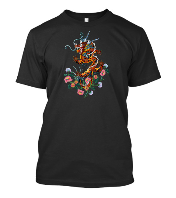 Fire Dragon Surrounded By Vibrant Floral Blossoms T-Shirt