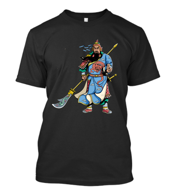 Guan Yu Warrior Illustration With Dragon Motif And Green Headdress T-Shirt